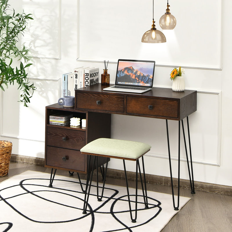Bedroom Makeup Vanity Dressing Table Stool Set with 3 Colors Lighted Mirror Large Storage Cabinet Drawer, Espresso/Black