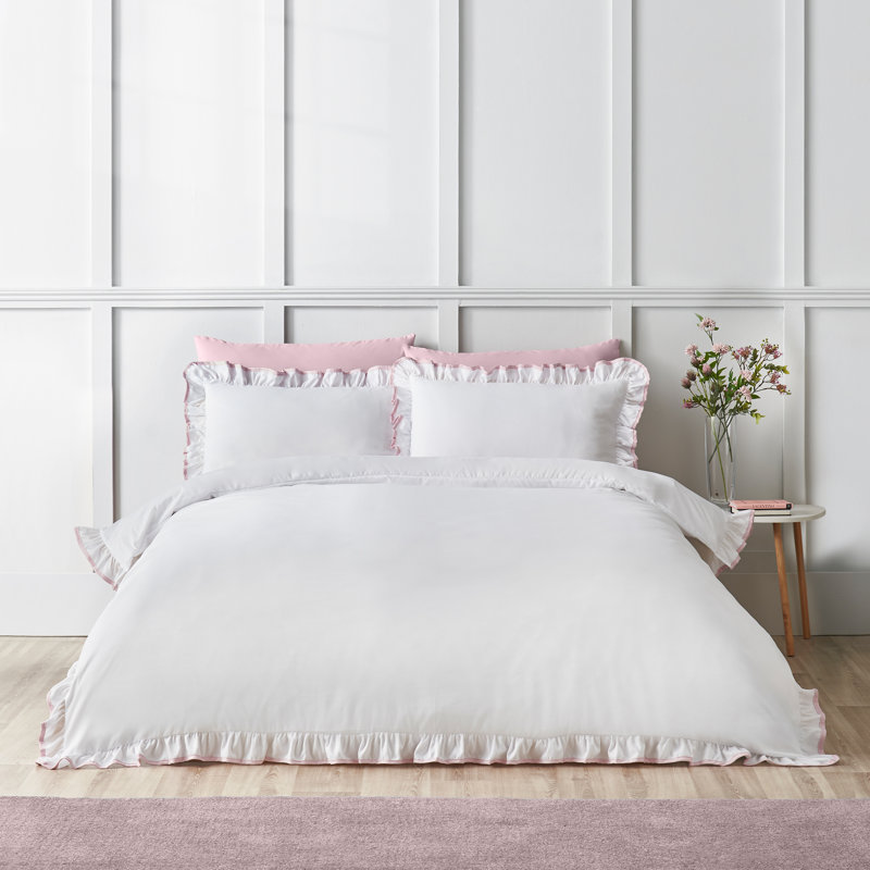 So Soft Mono Frill Duvet Cover Set, Super King, White / Pink