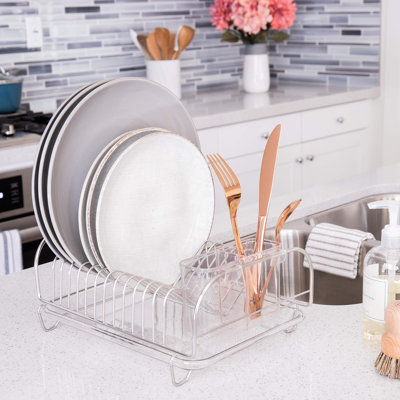 Dish Drying Rack, Dish Drainer With Clear Plastic Tray And Cutlery Holder, Compact Space-Saving, Holds Up To 12 Plates, (Silver)