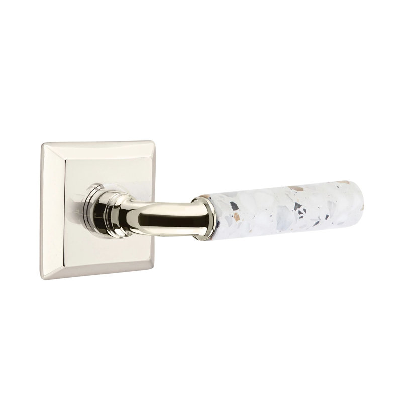 Mortaise intérieure Emtek Select avec rosette Quincy et tige R-Bar, levier Terrazzo clair, Nickel poli, Oui