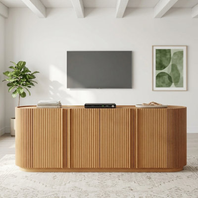 Meuble télé cannelé de style Mid-Century de 70 pouces avec étagères réglables et système de gestion des câbles