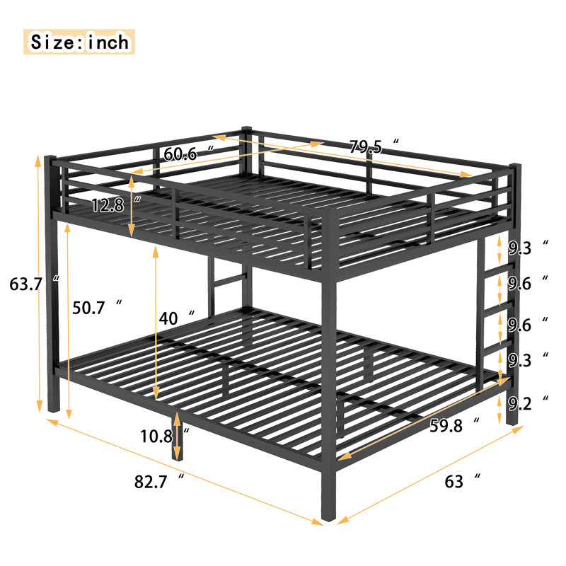 Queen Over Queen Metal Bunk Bed for Teens & Adults, Space-Saving, Noise-Reducing, No Box Spring Needed, Black