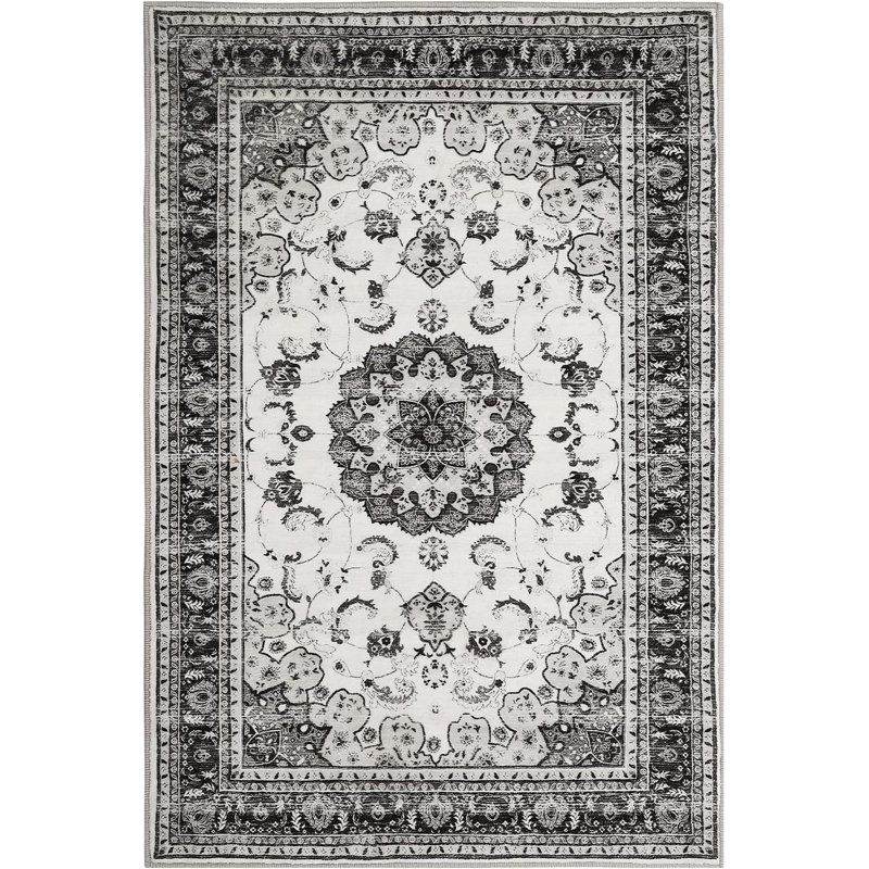 2x3 Boho Vintage Area Rug – Washable, Soft Gray Medallion Carpet with Non-Slip Backing for Living Room, Bedroom, Kitchen (Gray)