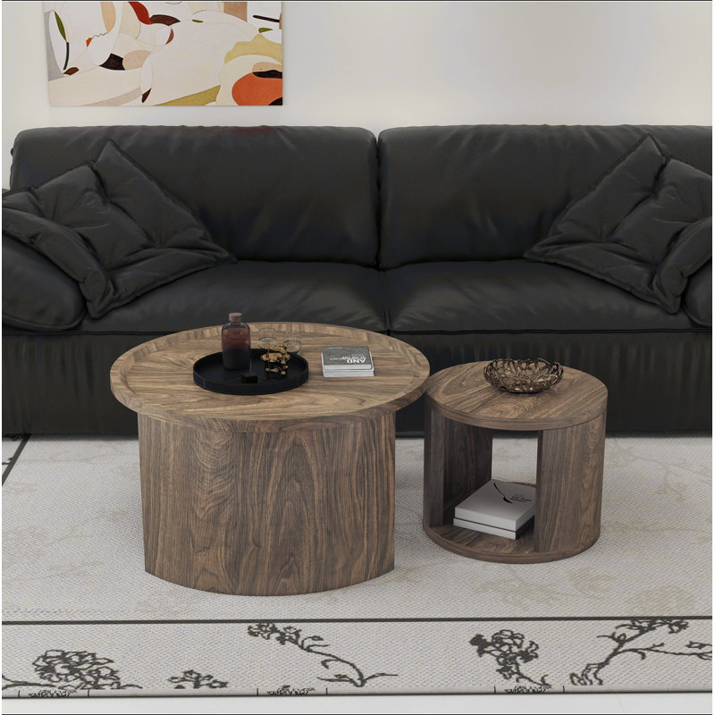 Ensemble de 2 tables basses rondes gigognes rondes, petite table d'appoint empilable de 18,5 po avec plateau en bois et petite table centrale minimaliste pour le salon et la chambre à coucher
