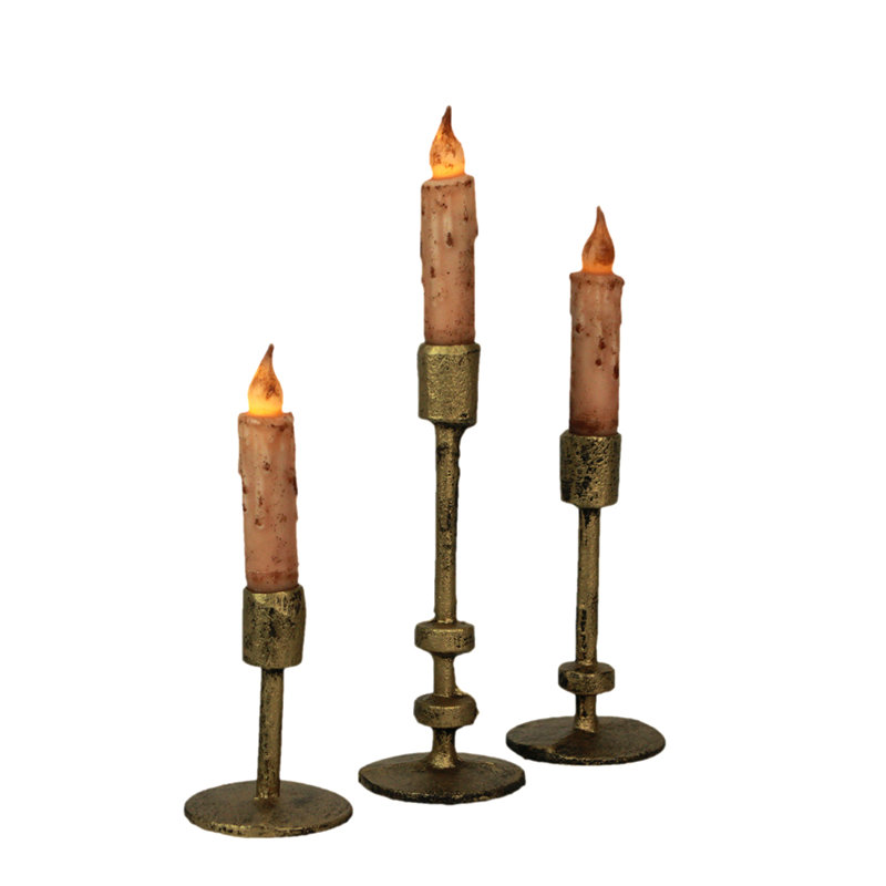 Mid-Century Modern aged bronze cast iron metal taper candle holder set of 3 — 8, 6, and 4 in. tall, 3 in. bases