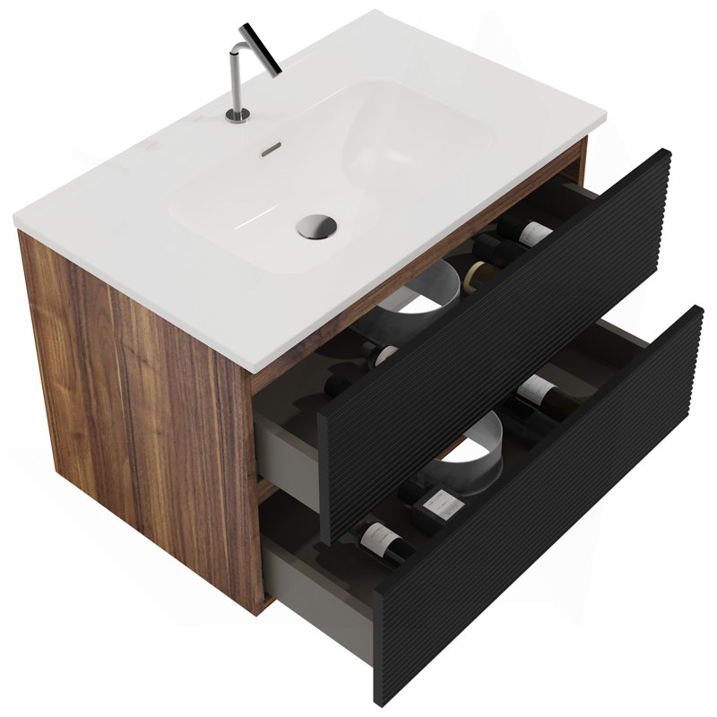 Meuble-lavabo mural noir et noyer doux de 30 po avec lavabo intégré en céramique avec trop-plein, grand meuble-lavabo flottant de rangement pour salle de bain moderne, pré-assemblé