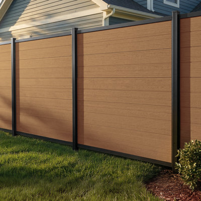 Edgewood Privacy Fence Panel, Composite Fence Kit With Aluminum Frame, Woodgrain Boards, No-Dig Install, UV Resistant Outdoor Fence For Backyard Patio Or Pool