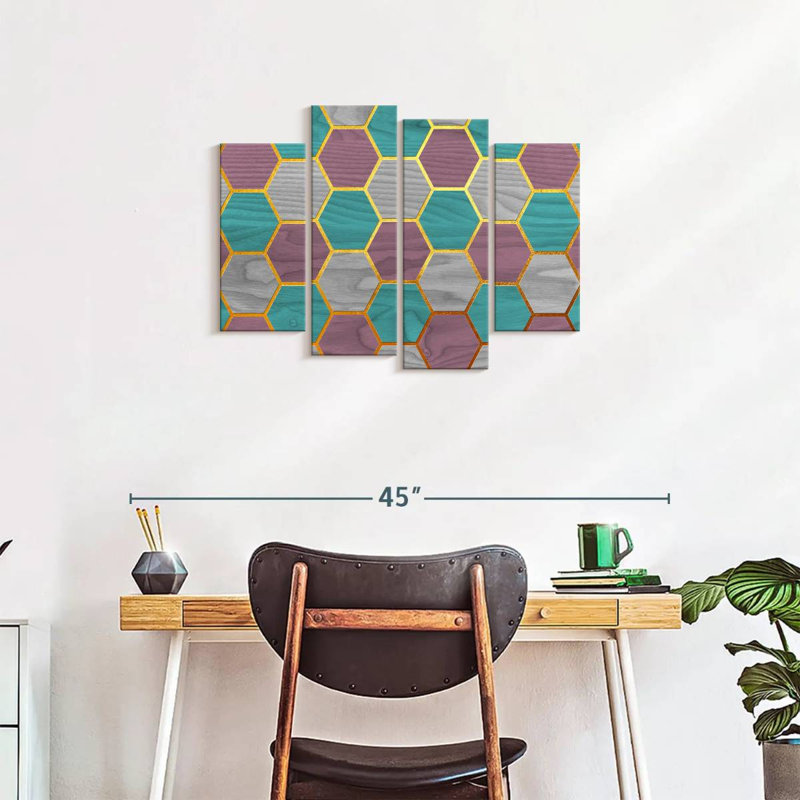 Abstract Geometric Hexagon Geometric Pattern On Canvas 4 Pieces Print, 22" H x 36" W x 1" D