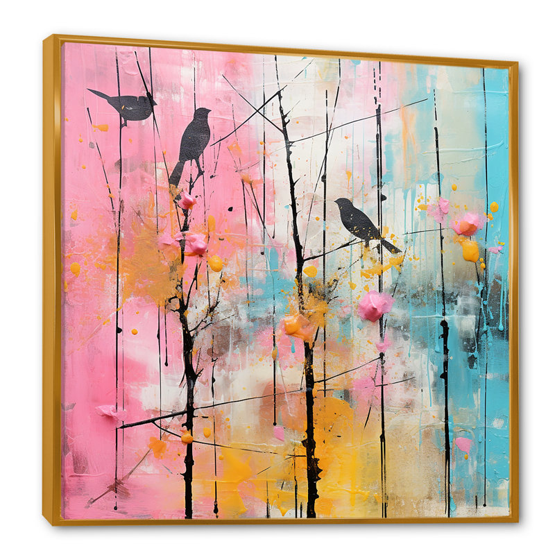 Oiseau sur palette rose et bleue - Art mural, Or, H 16 po x l 16 po