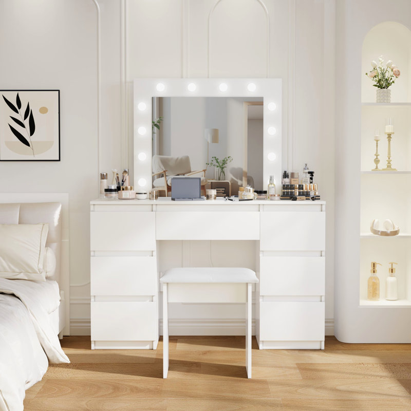 Meuble-lavabo blanc avec miroir et rangement réglable en 3 couleurs pour brosses à maquillage, éclairage de table contemporain, utilisation suffisante