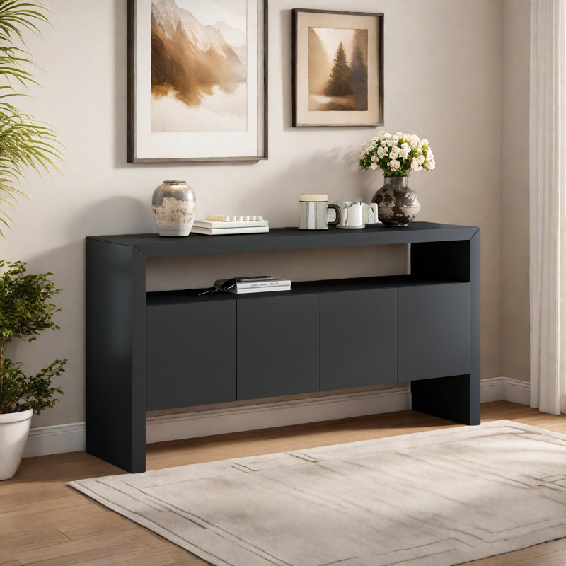 Buffet 4 portes en placage de bois massif minimaliste moderne avec tablette ouverte, grain de bois, console de rangement de grande capacité pour le salon, le couloir et la salle à manger