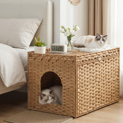 Meuble à litière en rotin tissé à la main Boho avec tapis de litière supplémentaire et plateau lavable amovible