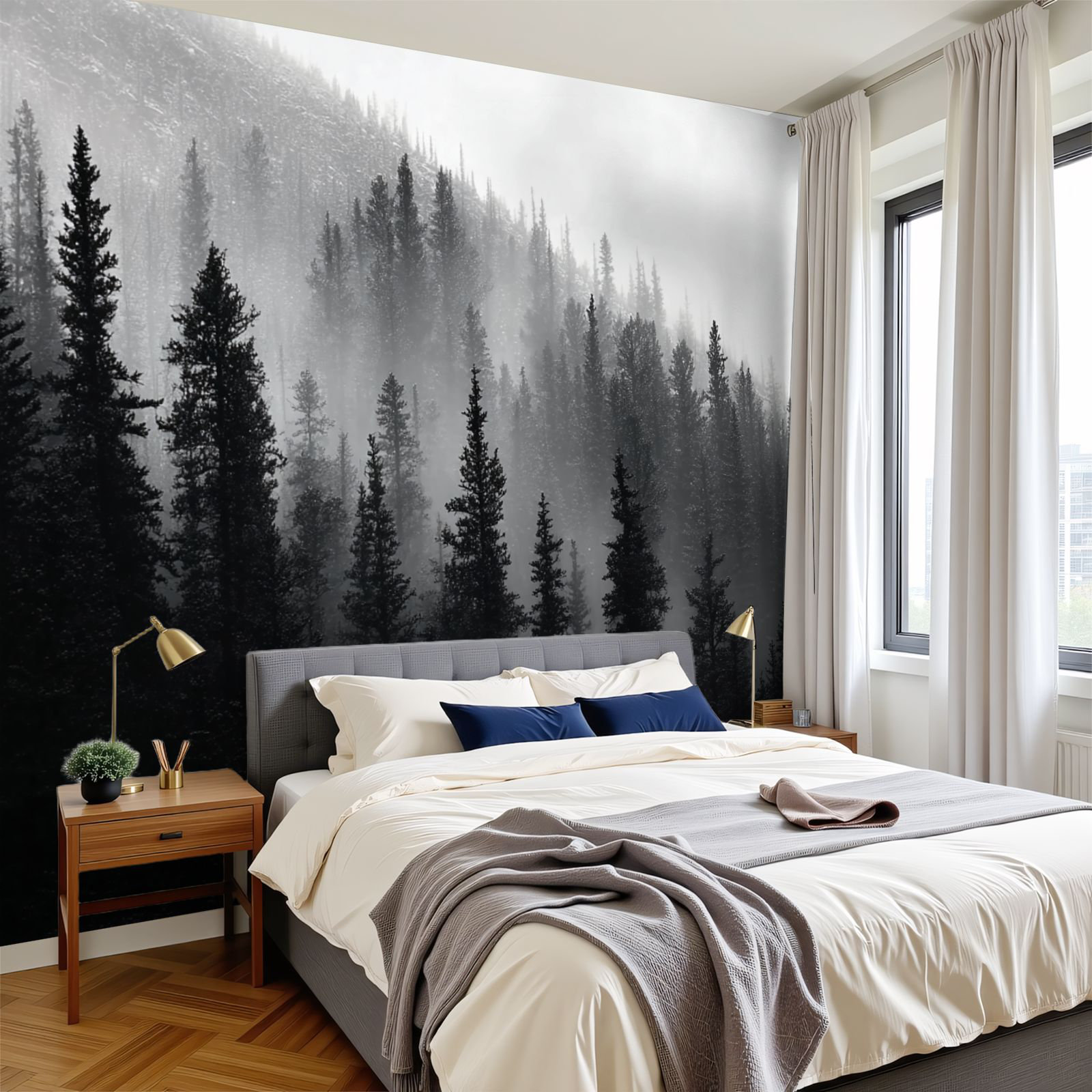 Red Barrel Studio Peel and Stick Wallpaper Forest Black White Mountain ...