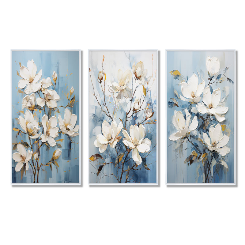 Ensemble de 3 décorations murales blanches et bleues Magnolias Blossom, H 28 po x l 36 po, Cadre flottant blanc
