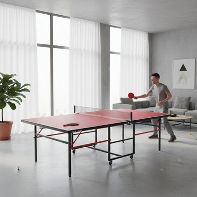 8Ft Red Mid-Size Foldable And Portable Ping Pong Table Set For Indoor Games With Net, 2 Paddles And 3 Balls