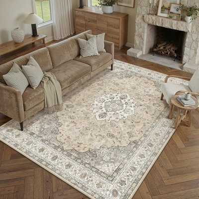 Tapis oriental beige Stella avec envers antidérapant et rouleau