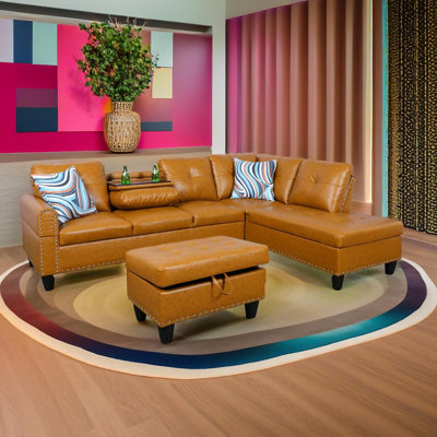 Ginger Brown PU Sectional Sofa With Ottoman
