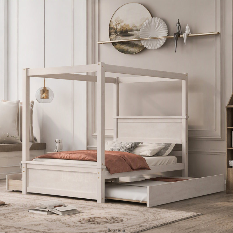 Lit à baldaquin en bois massif avec lit gigogne et deux tiroirs, blanc brossé, Trundle and Two Drawers