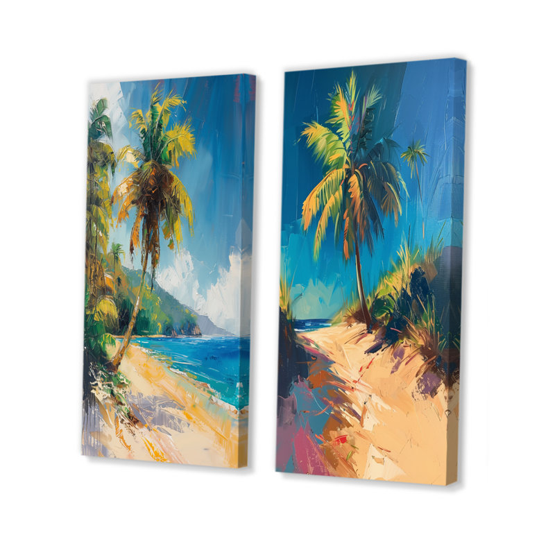 Ensemble de 2 pièces d'art mural vert et bleu, palmiers et palmiers tropicaux, Ne s'applique pas, Toile tendue encadrée