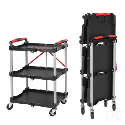 Foldable Utility Service Cart,  3 Shelf Heavy Duty Plastic Rolling Cart With 360° Swivel Wheels (2 With Brakes), Ergonomic Handle, Portable Garage Tool Cart For Warehouse Office Home