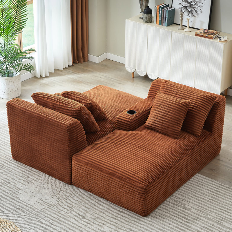 Double méridienne orange, compressible et sans assemblage, canapé-lit moelleux pour la lecture du salon de la chambre à coucher, confort de rembourrage à ressorts, style tissu velours côtelé