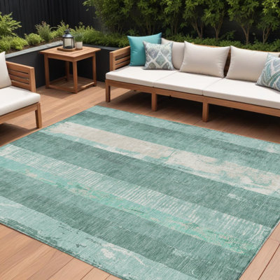 Tapis intérieur / extérieur 8 pi x 10 pi à rayures bleu pâle et bleu sarcelle lavable