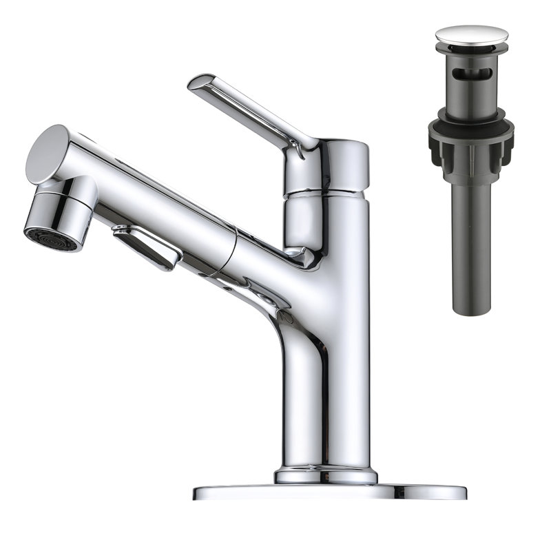 Robinet de lavabo de salle de bain extractible à un trou avec bonde escamotable en métal, Chrome chrome