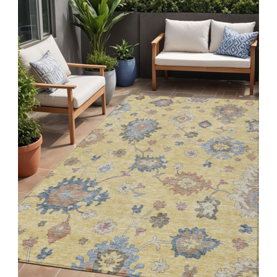 Tapis d'intérieur lavable à motif floral doré brun et bleu 5 pi x 8 pi