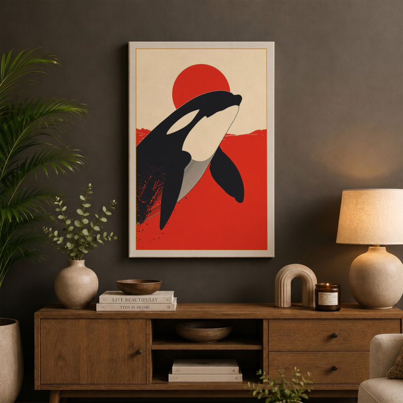 Whales Under Red Sun Mid-Century - Wrapped Canvas, 36x24 - 91.4 x 61.0 cm, Taupe Border