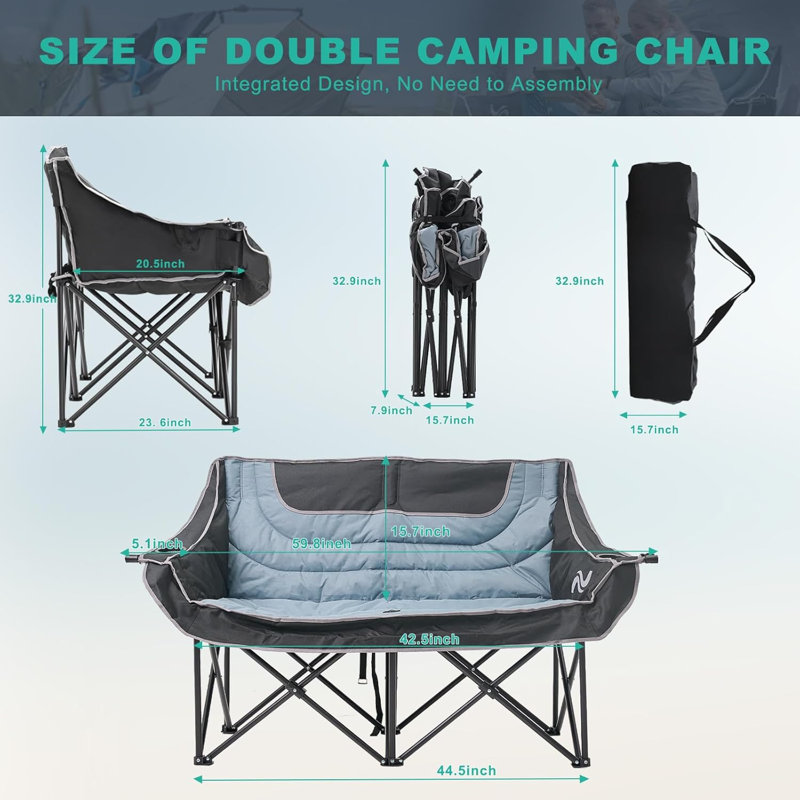 Chaise de camping pliante double - Chaises de camping robustes pour adultes - Peut supporter jusqu'à 700 lb