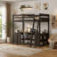 Lit mezzanine double avec bureau en U, tiroirs et tablettes de rangement, brun antique (ancien SKU: GX001039AAD)