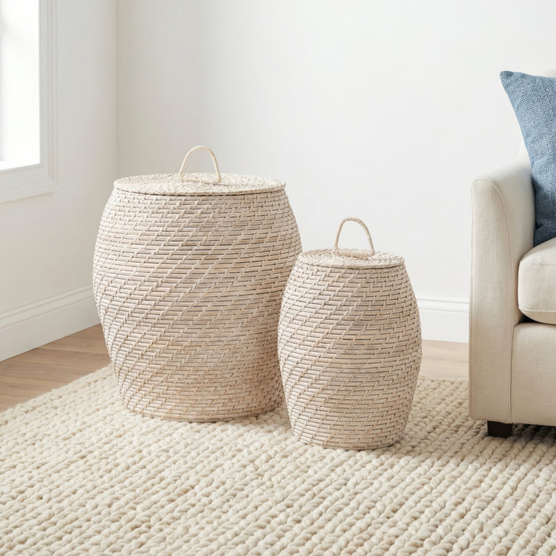 Decorative Hand-Woven Rattan Storage Baskets with Lids, White Washed
