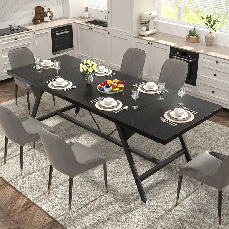 Table de salle à manger Lelan Farmhouse avec pieds en métal robustes pour 4 à 6 personnes, Noir, noir, noir, noir