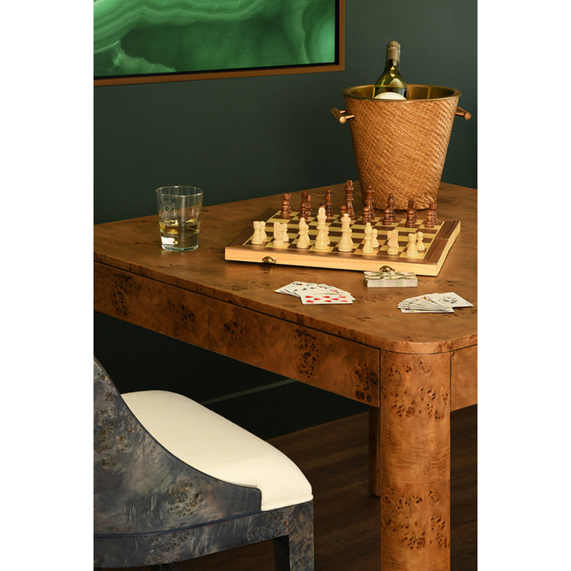 Square Two Drawer Curved Corner Game Table In Dark Burl Wood