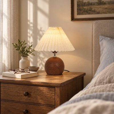 10.8"Mid Century Modern Wood Table Lamp,Pleated Linen Shade With 3-Color Light Bulb(E26)