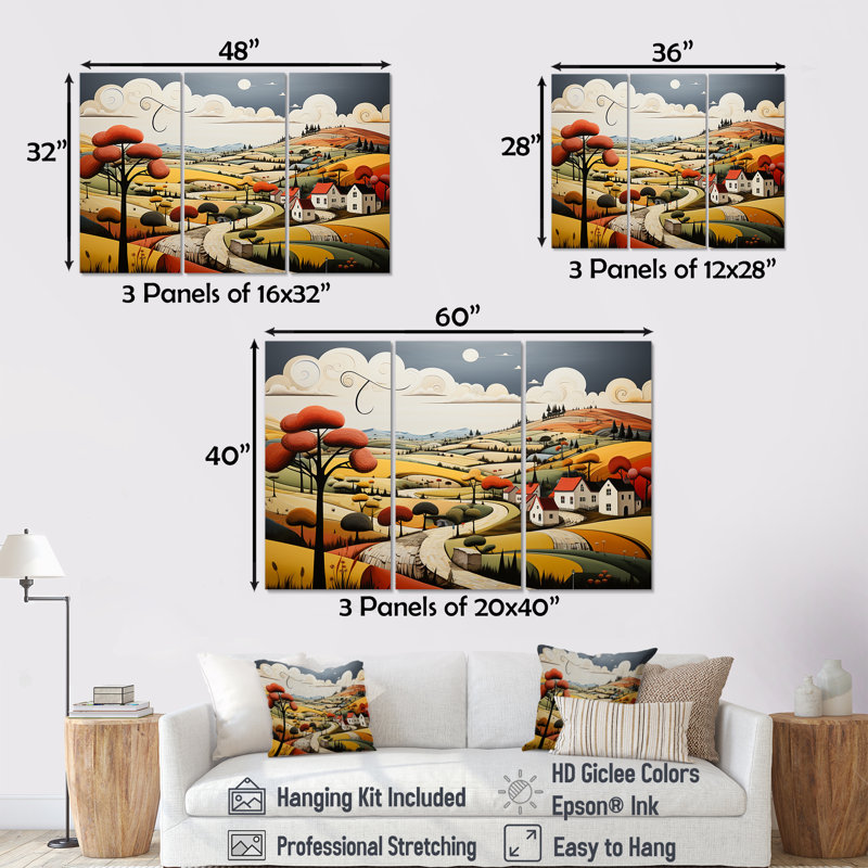 «Country Side De Stijl Lansdcape», ensemble d'art mural campagne, H 40 po x l 60 po x P 1 po