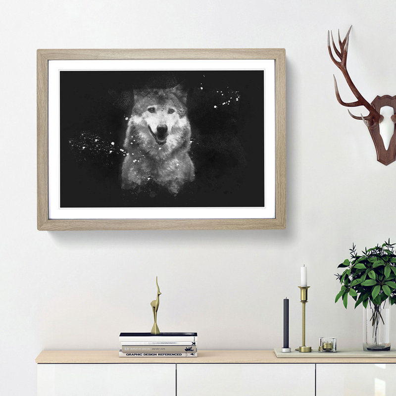 Wolf Portrait - Picture Frame Graphic Art Print, 33cm H x 45cm W x 2cm D, Oak Framed