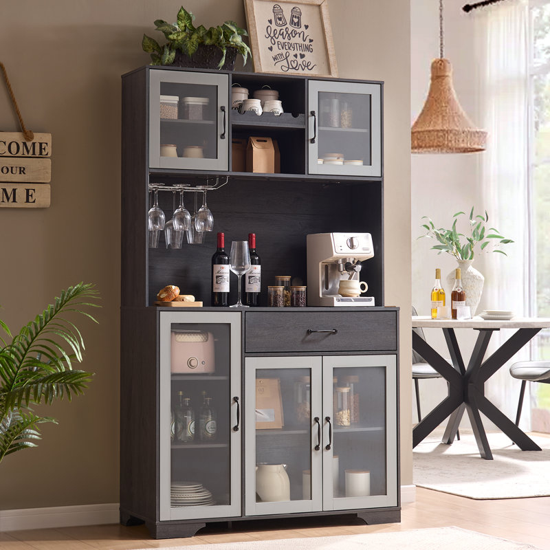  71" Tall Kitchen Pantry Cabinet Storage Cabinet with Charging Station, LED Lights, Glass Doors, Wine Storage and Adjustable Shelves