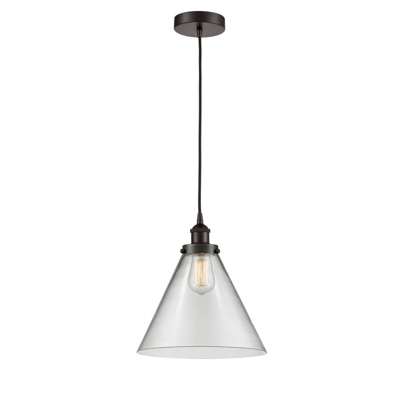 Mini-luminaire suspendu 1 lumière Cone, H 14,75 po x l 12 po x P 12 po, Clair, Bronze frotté à l'huile