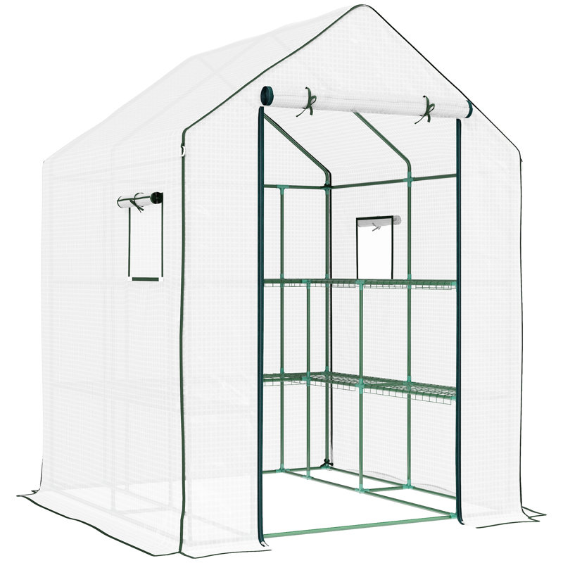 Serre d'extérieur 4,6 'x 4,7', protégée, avec 2 tablettes à fleurs, blanc, sans rendez-vous, jardin, patio, acier, cadre petit et tablettes