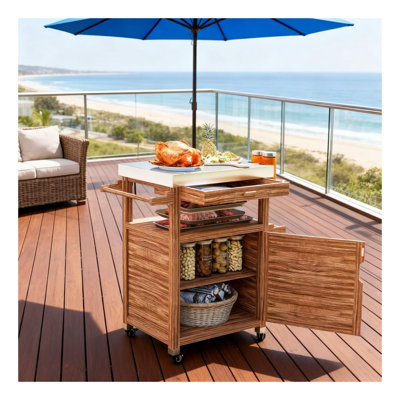 Brown Solid Wood Outdoor Kitchen Island with Stainless Steel Top and Grill Cart Storage