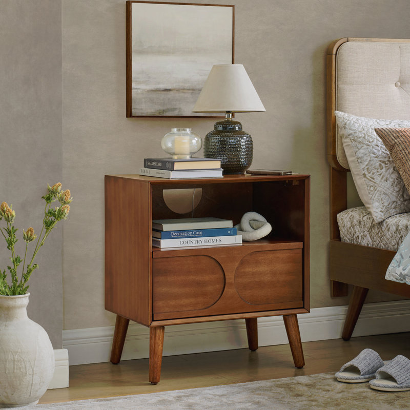 Table de chevet avec ports USB, station de charge avec tablette ouverte et tiroir