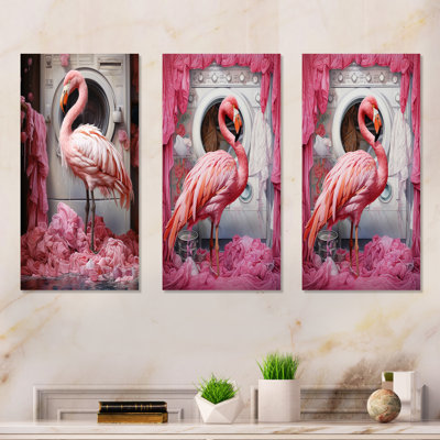 Pink Flamingo Laundry Room Dance I - ensemble de 3 impressions sur toile
