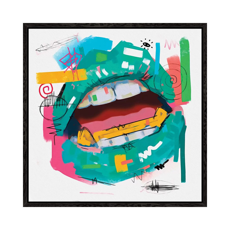Lips Open Teal by Nuwarhol - Print on Canvas, 45.72cm H x 45.72cm W x 3.81cm D, Black Framed