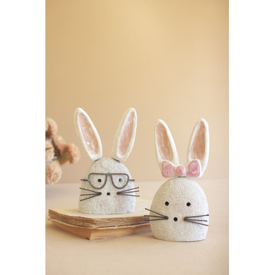  Rustic White-Wash Clay Bunny Sculptures – Woodland Accent Set of 2
