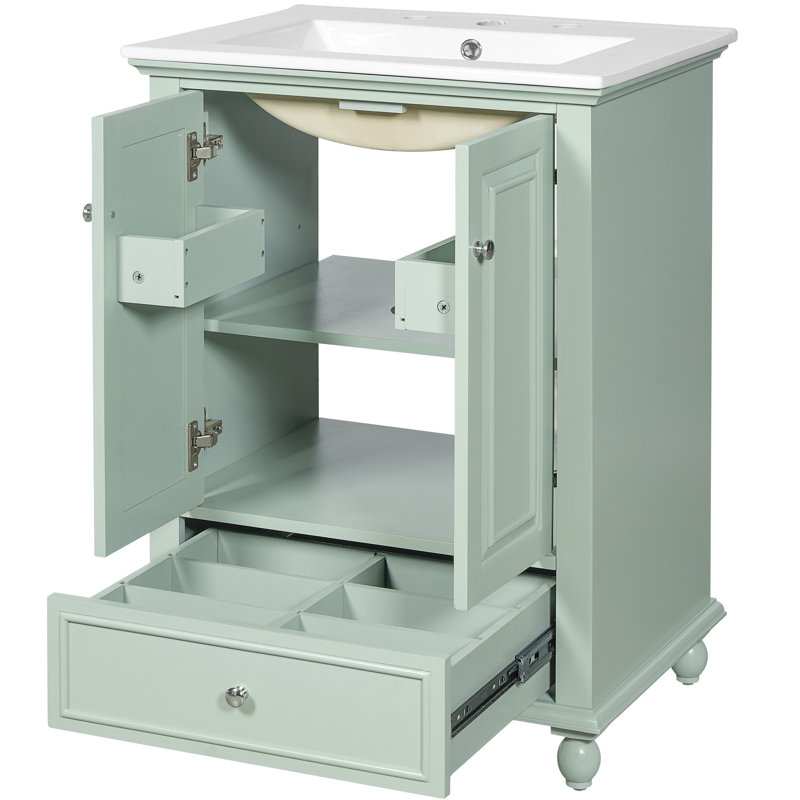 Meuble-lavabo de salle de bain de 24 pouces avec lavabo en céramique, armoire à fermeture douce, tiroir compartimenté, tablette à trois hauteurs et organisateurs montés sur la porte pour un style contemporain avec des organisateurs réglables de 24 pouces de profondeur.