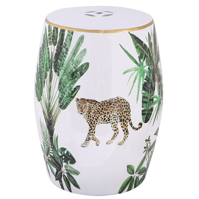 Jungle Themed 13x13x18 Inches Ceramic Stool With Upbeat Vibe And Natural Decoration, Great As Side Table In Bedroom Bohemian Pattern, Can Be Used Or