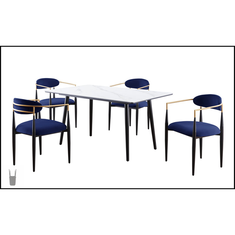 Ensemble de salle à manger 5 pièces moderne avec table en pierre frittée blanche et chaises rembourrées en tissu bleu, White
