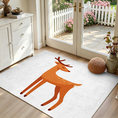 Tapis intérieur brun lavable à la machine, motif de cerf élégant.