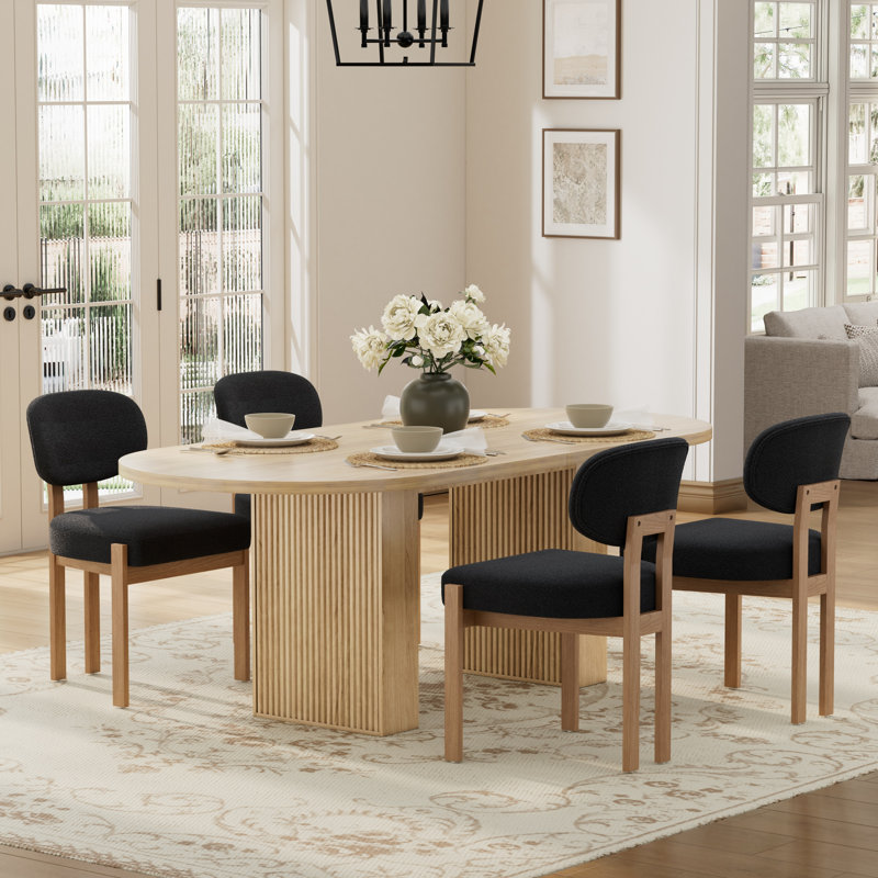 Ensemble de table de cuisine ovale à double piédestal, Naturel, 5 pièces: table, 4 chaises, Noir